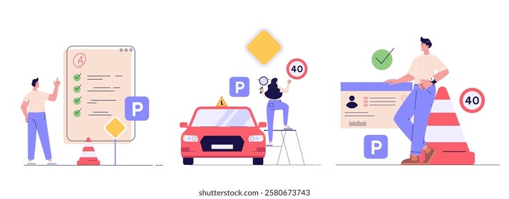 People learning drive a car on driver course. Auto school test. Set of driving school, driver’s license, driving exam or practice. Vector illustration collection for web banner, mobile app