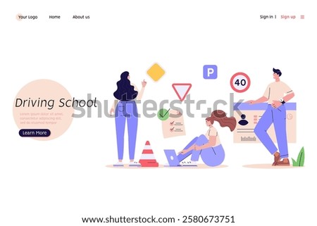 People learning drive a car on driver course. Auto school test. Concept of driving school, driver’s license, driving exam or practice. Vector illustration in flat design for web banner, mobile app