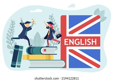 People learning English. Graduate people celebrate graduation, graduating students celebrating graduation foreign languages, holding school or college education diploma. Distance education.