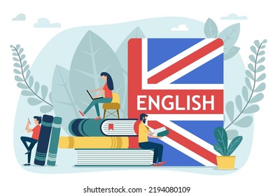 People learning English. Students reading English books. Distance education, online learning concept. Using hi-tech gadgets for teaching foreign languages.