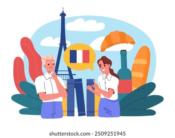 People Learning french. Man and woman near Paris landmarks. Eiffel tower, croissant, bottle of wine. Tourists prepare travel to France. Flat vector illustration isolated on white background