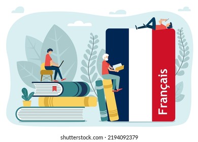 People learning French. Students reading French  books. Distance education, online learning concept. Using hi-tech gadgets for teaching foreign languages.