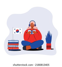 People learning Korean language vector illustration. Korea Distance education, online learning courses concept. Students reading books cartoon characters. Teaching foreign languages