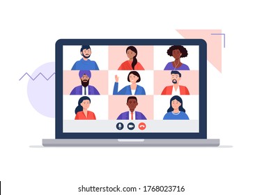 People learning or meeting online with a video conference on a laptop. Video calling with friends or colleagues, working from home, and working from anywhere. Trendy flat vector illustration.