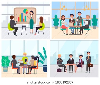 People learning new tricks in business school vector, tutor with whiteboard and infocharts. Meeting conference of workers, partners and team working