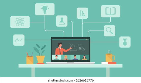 people learning online together at home via video conference on laptop, learn from anywhere, worldwide education with icon, social distance concept, flat vector illustration