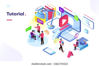 People Learning Online Video Tutorial. Isometric Virtual Training Room. Internet Study Or Web Course Technology. E-learning School Or College, University Or Video Service Banner. Coaching And Lesson