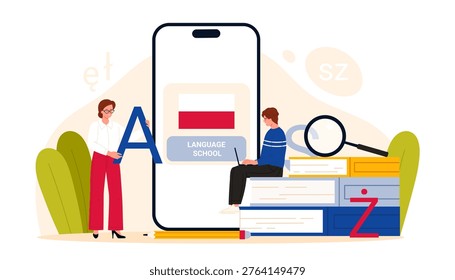 People learning Polish language online with smartphone app, books and alphabet letters, modern education concept for language school and courses, isolated on white background vector illustration