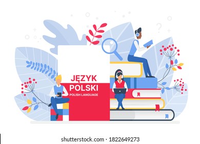 People learning Polish language vector illustration. Poland Distance education, online learning courses concept. Students reading books cartoon characters. Teaching foreign languages