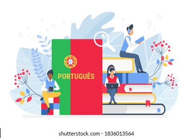 People learning Portuguese language vector illustration. Portugal Distance education, online learning courses concept. Students reading books cartoon characters. Teaching foreign languages