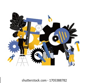 people learning to repair machines. University or college institution. Vocational education trade. Vector flat style illustration 