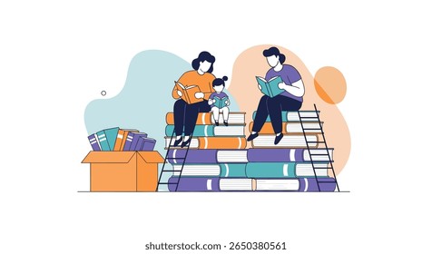 Pessoas aprendendo e compartilhando conhecimento com pilhas de livros e uma caixa cheia de literatura