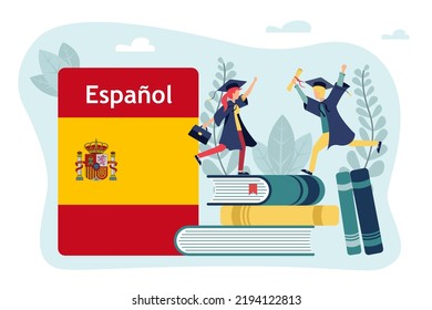 People learning Spanish. Graduate people celebrate graduation, graduating students celebrating graduation foreign languages, holding school or college education diploma. Distance education.