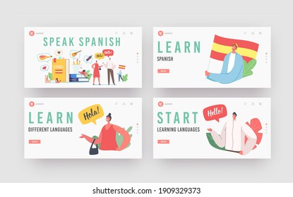 People Learning Spanish Language Course Landing Page Template Set. Tiny Characters at Huge Books, Teacher and Students Chatting, Webinar, Online Education, Espanol Lesson. Cartoon Vector Illustration