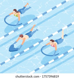 People learning to swim with aid in pool isometric background 3d vector illustration