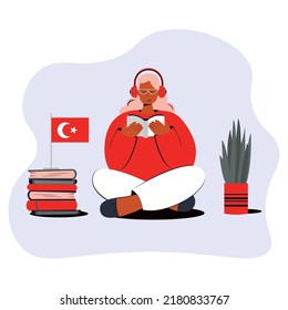 People learning Turkish language vector illustration. Turkey distance education, online learning courses concept. Students reading books cartoon characters. Teaching foreign languages