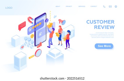 People leave 5 stars, positive feedback, rating about an institution, service or product in the city. Customers leave a positive rating. Isometric, vector illustration