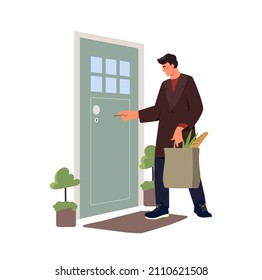 People leave home. Man with bag inserts key into door. Guy returns to apartment. Character walks out of grocery store. Responsibility, routine and household chores. Cartoon flat vector illustration