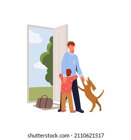 People leave home. Young guy with child and dog on doorstep. Brother returned. Pets are greeted in apartment. Cute scenes from life, summer or spring and buildings. Cartoon flat vector illustration
