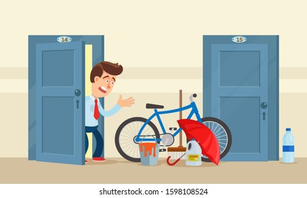 People leave personal items on common stairwell. Remove your stuff from common area. Resident of home shocked, neighbor leaves his things in hallway.  Vector illustration, flat design cartoon style.