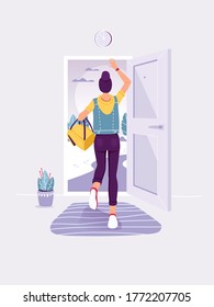 People Leaving Home. Back View. Lady Staing In The Doorway. Woman Running Into Open Door. Exit And Escape Concept. Trendy Flat Vector Illustration.