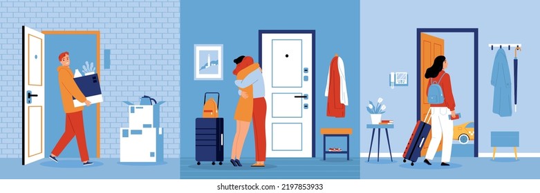 People leaving home moving into new house departing hugging flat design concept isolated vector illustration