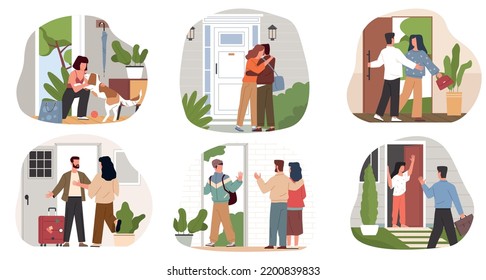 People leaving home. Relatives say goodbye, sad parting, happy meeting, characters standing on house doorstep, family and romantic relationships, nowaday vector cartoon flat isolated set