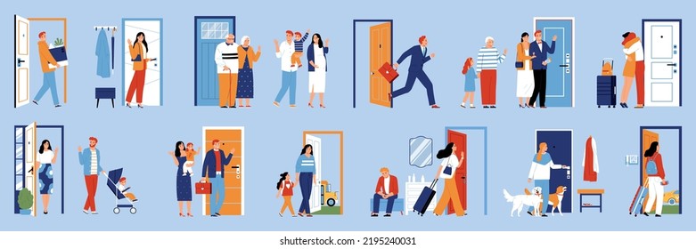 People leaving home for work school going out saying goodbye to family departing flat set isolated against color background vector illustration