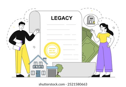 Pessoas com legado. Homem e mulher perto de contrato e acordo. A janela com o documento last will. Filha ganha dinheiro e imóveis. Ilustração de vetor linear isolada no plano de fundo branco