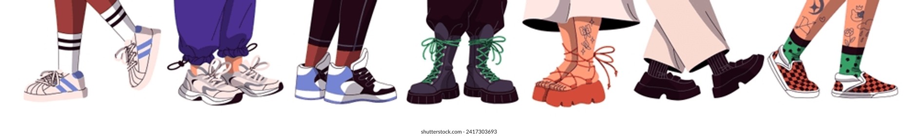 People legs with different footwears set. Chunky sole sneakers, trainers, leather army boots, platform shoes, loafers on feet. Street fashion in sport style. Flat isolated vector illustration on white