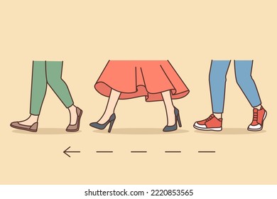 People Legs Walking In One Direction. Men And Women Feet Stepping To Destination Point Together. Vector Illustration. 