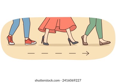 People legs walking in one direction. Men and women feet stepping to destination point together. Vector illustration.