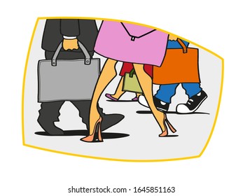 People legs walking from one side to another carrying bags. Cartoon style vector illustration.