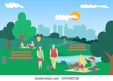 People leisure activity in urban park. People having family picnic, riding bike, walking with dog, relaxing in nature in beautiful summer landscape cartoon vector illustration