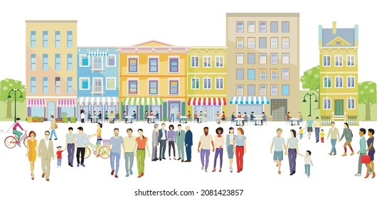 Menschen Freizeit in einer Stadt mit Restaurants und Bistros, Illustration