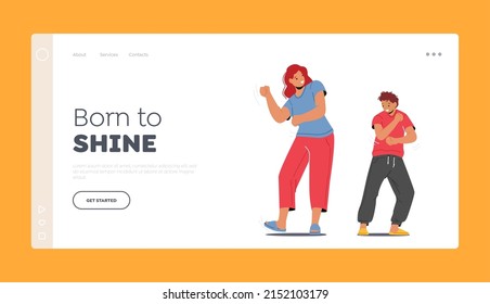 People Leisure, Rejoice Landing Page Template. Happy Family Mother with Teen Son Dancing at Home Party, Woman and Boy Dance. Male and Female Characters Weekend Sparetime. Cartoon Vector Illustration