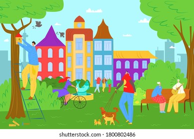People Leisure in summer park, nature concept. People outdoor lifestyle vector illustration. Women and men characters on bicycle, green tree and healthy activity. Cartoon family active together at city park.