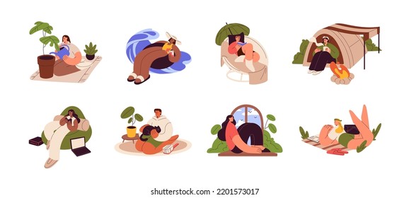 People at leisure time set. Happy men and women characters relax, rest at home and outdoors. Relaxation, restoration, hygge on holiday, vacation. Flat vector illustrations isolated on white background