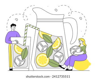 People with lemonade linear concept. Man and woman with drink with lemon slices and ice cubes. Frozen and frost cocktail for summer season with vitamins. Doodle flat vector illustration