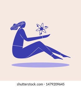 People levitating and holding atom. Blue non proportional flying woman with atom. Scientific concept. Vector illustration.
