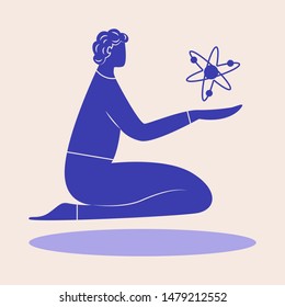 People levitating and holding atom. Blue non proportional flying man with atom. Scientific concept. Vector illustration.