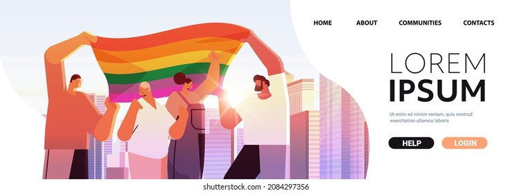 people with lgbt rainbow flag walking on city street gay lesbian love parade pride festival transgender love