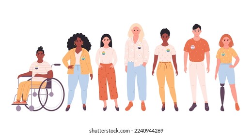 Gente con pin LGBTQ. Persona no binaria, transgénero. Personas con discapacidad física. Diversidad social. Ilustración vectorial dibujada por mano