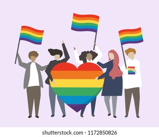 People with LGBTQ rainbow flags illustration