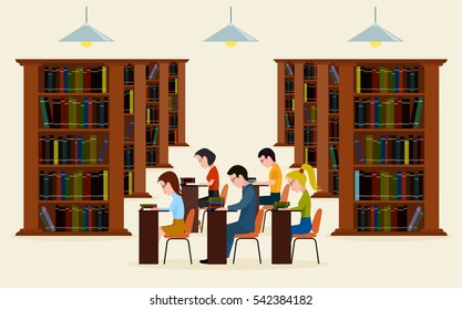 People in library. Concept of education. Reading in library a vector illustration.