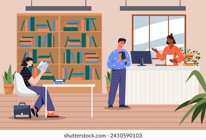 People in library concept. Man and woman with books in hands. Love for literature and reading. Young guy and girls near bookshelves. Students in university. Cartoon flat vector illustration