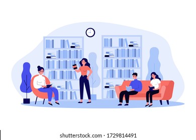 People in library flat vector illustration. Cartoon woman and man sitting on sofa, studying bookshelves and reading with books. Learning and knowledge concept