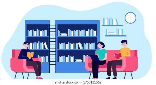 People in library flat vector illustration. Cartoon man and woman reading books and sitting on armchair or sofa. Study, knowledge and learning concept