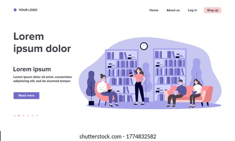 People in library flat vector illustration. Cartoon woman and man sitting on sofa, studying bookshelves and reading with books. Learning and knowledge concept