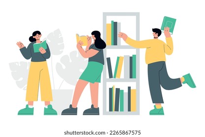 People in library. Learning and reading books. Knowledge and information. Flat vector minimalist illustrations